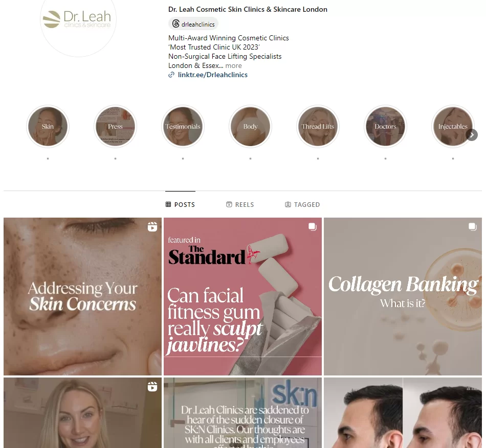 Dr Leah Clinics Instagram feed with consistent branding