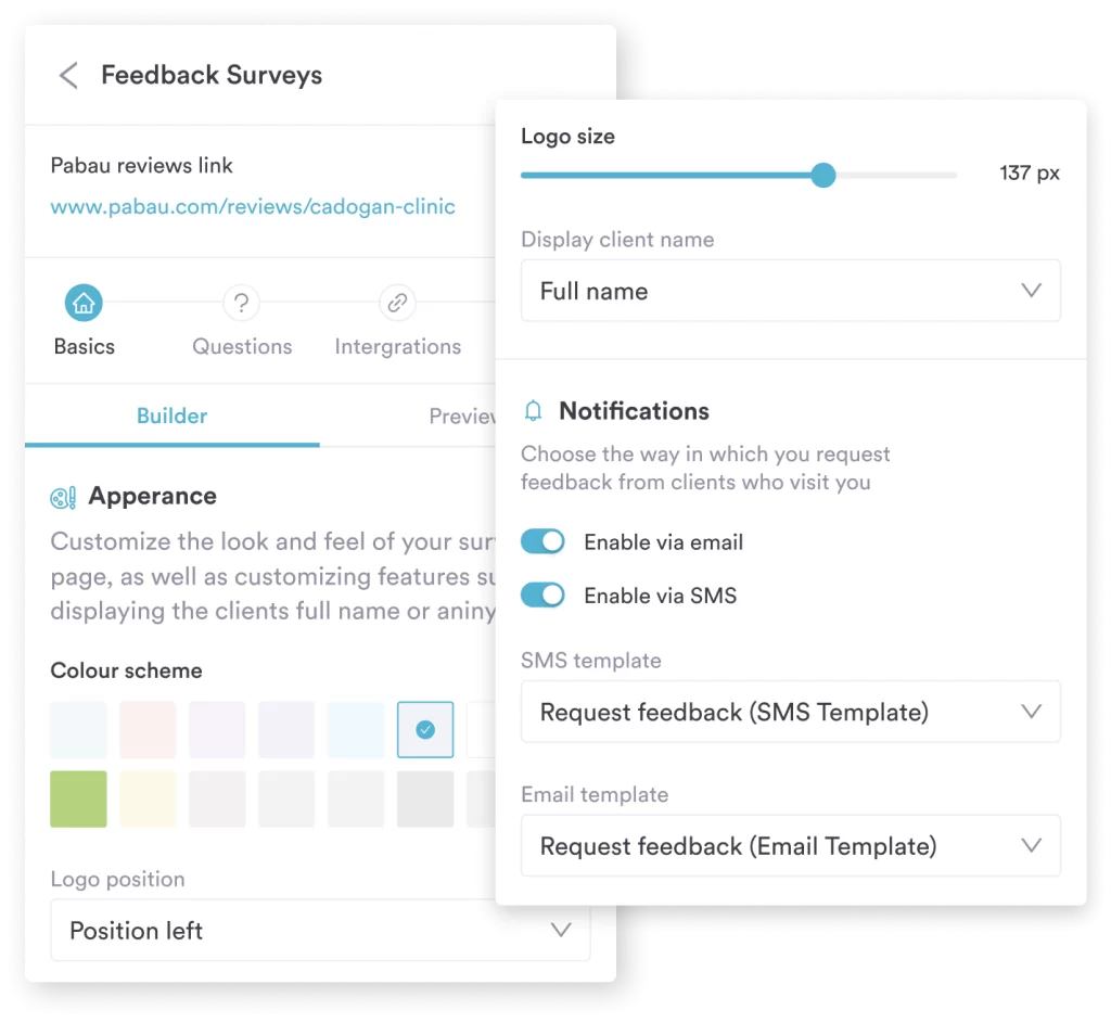 Pabau smart surveys screen showing an automated feedback request set up to send after an appointment