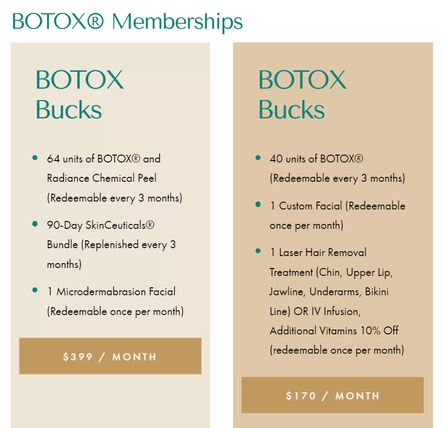 Two med spa Botox membership tiers priced at $399 and $170 a month, each listing units of Botox and facials redeemable on a three-month or monthly cycle