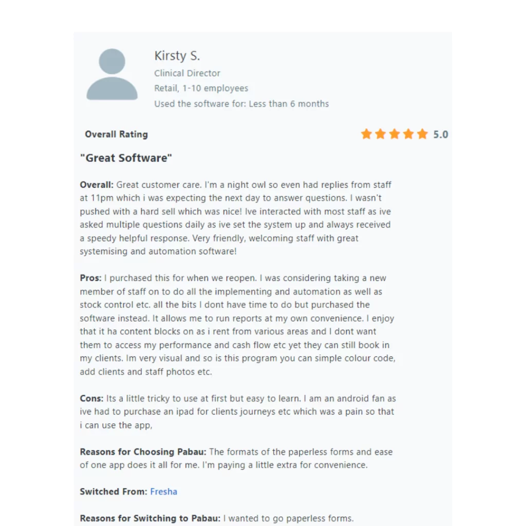 Capterra review Pabau software