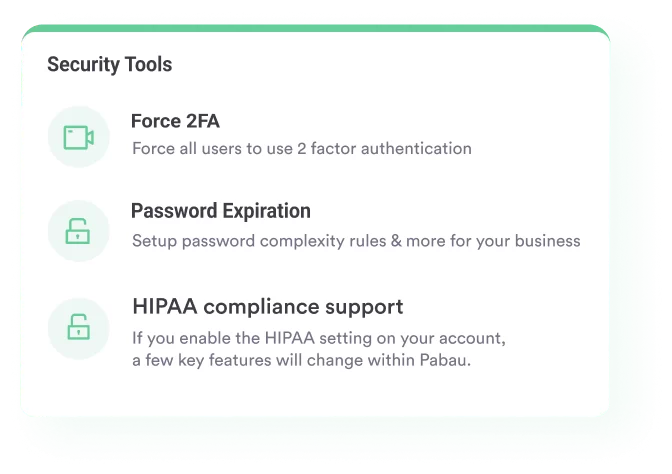Pabau HIPAA compliance settings showing access controls and audit logging.