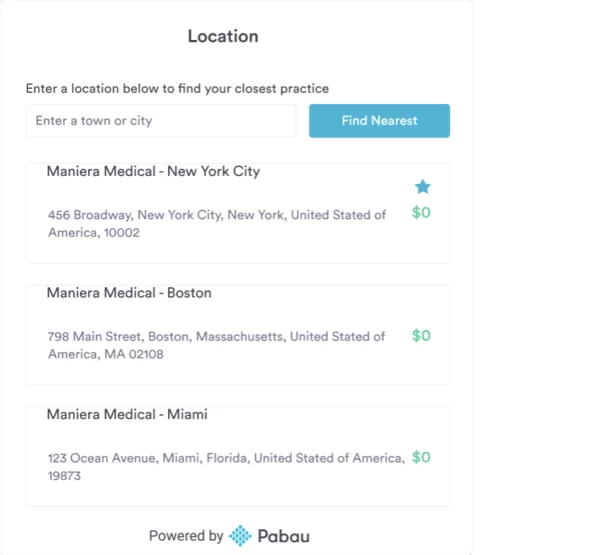Pabau online booking setup screen for adding practice locations to the booking page