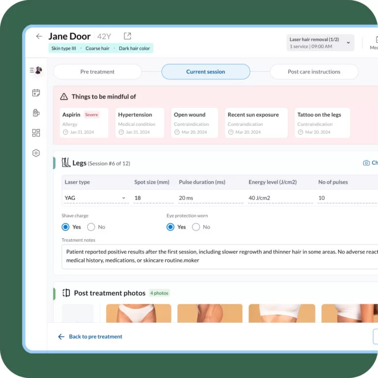 Zenoti clinical forms and charting screen