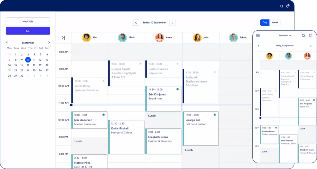 Treatwell calendar interface showing appointment scheduling with marketplace integration for UK salon bookings