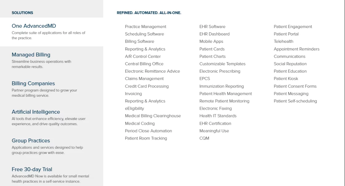 AdvancedMD solutions menu listing practice management, billing, EHR and patient engagement modules