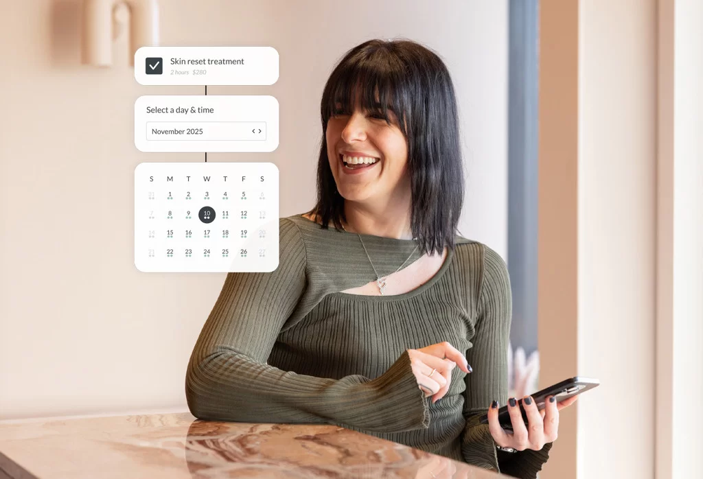 Mobile online booking flow showing treatment selection and date picker on a phone