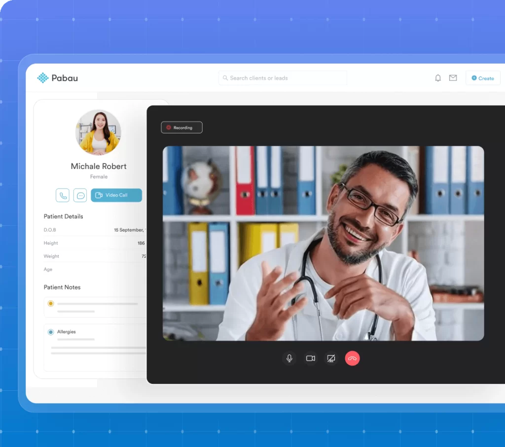 Pabau telehealth video consultation screen during a patient review