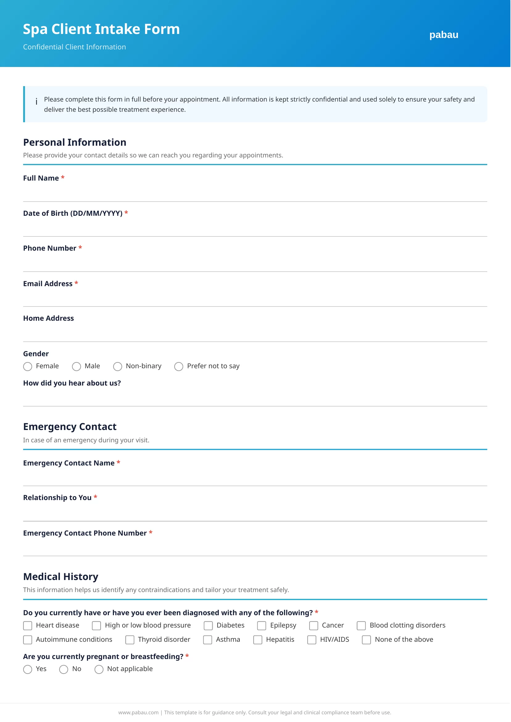 Spa intake form template preview
