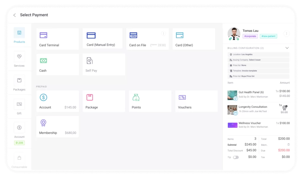 Pabau checkout screen showing payment methods beside an itemized list of services with individual amounts, subtotal, discount, and balance due