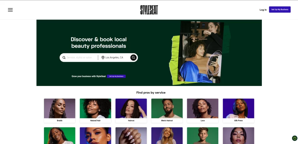 StyleSeat marketplace homepage with a search bar and beauty service category tiles