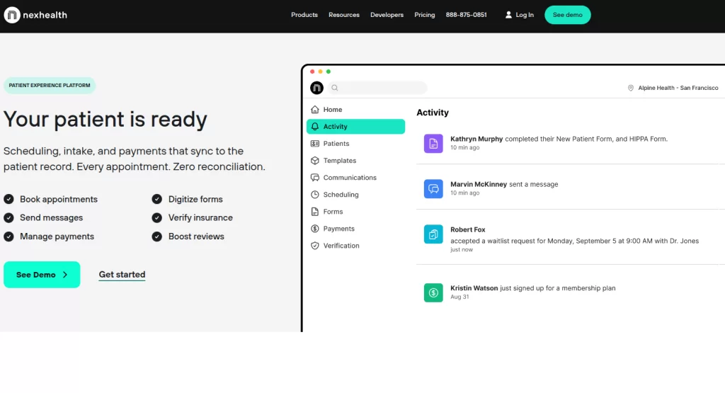 NexHealth website showing patient scheduling, reminders, and messaging built on top of an existing EHR