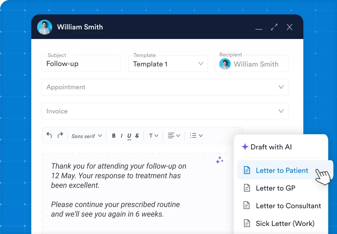 Pabau letter editor with a follow-up letter and a template menu offering a letter to the patient, a letter to the GP, and a letter to a consultant