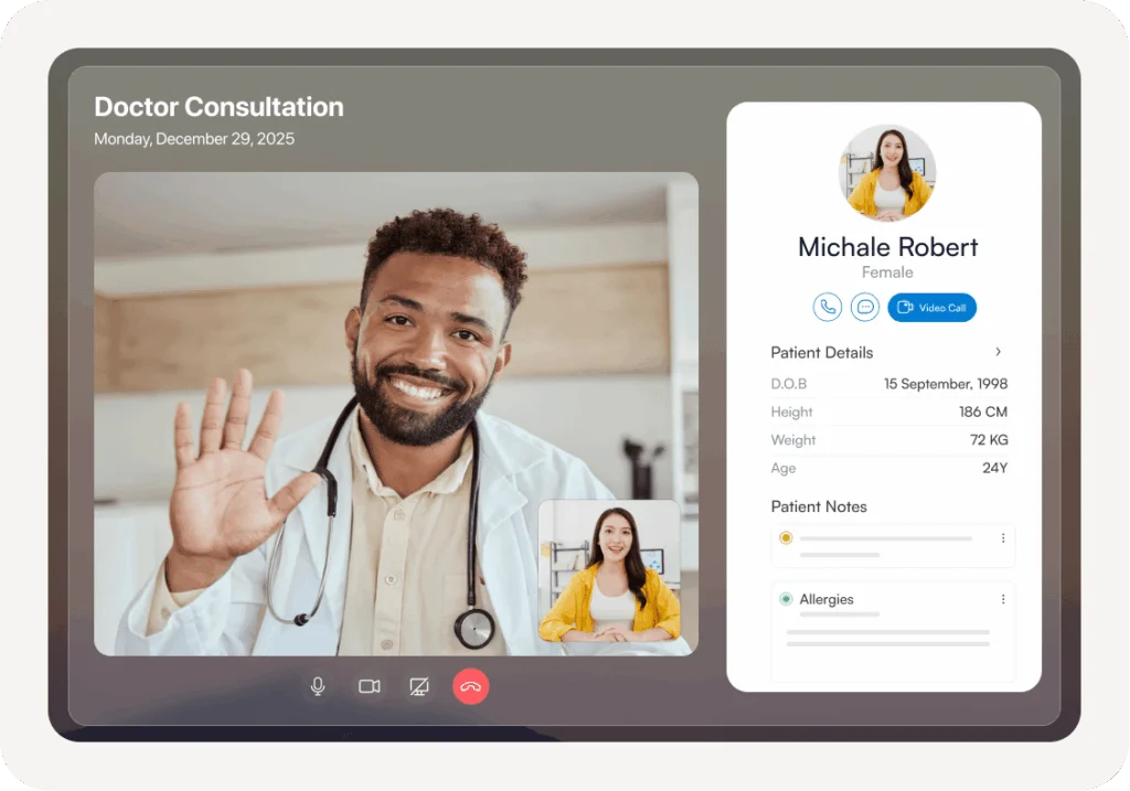 Pabau video consultation screen with the patient's details, notes and allergies panel beside the call