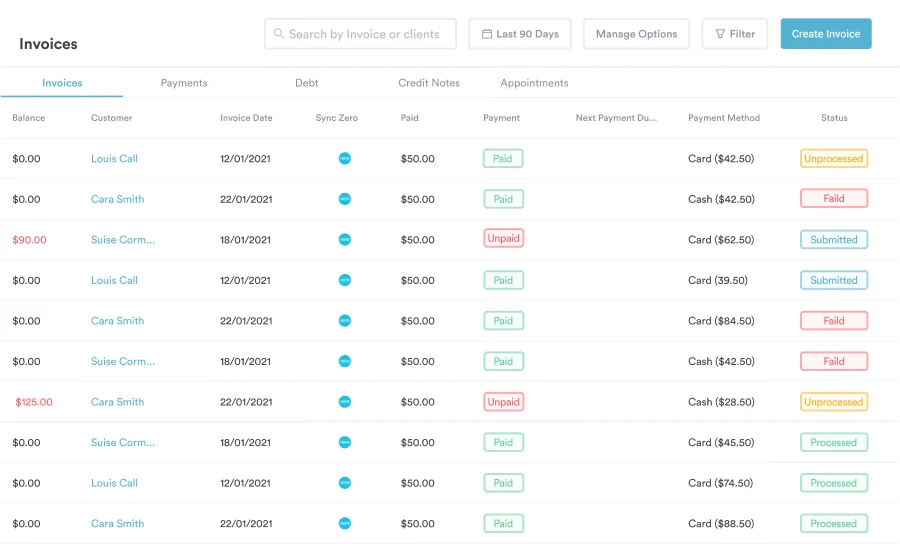 Invoice list in Pabau showing balances, payment methods, and claim statuses