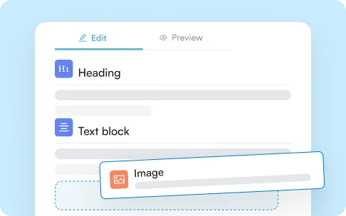 Drag-and-drop form builder with heading, text and image blocks