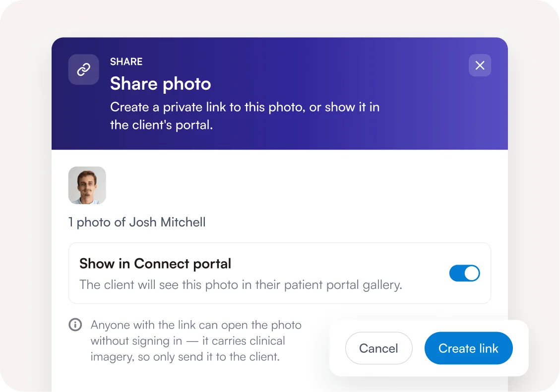 Share photo window creating a private link or showing the photo in the client portal