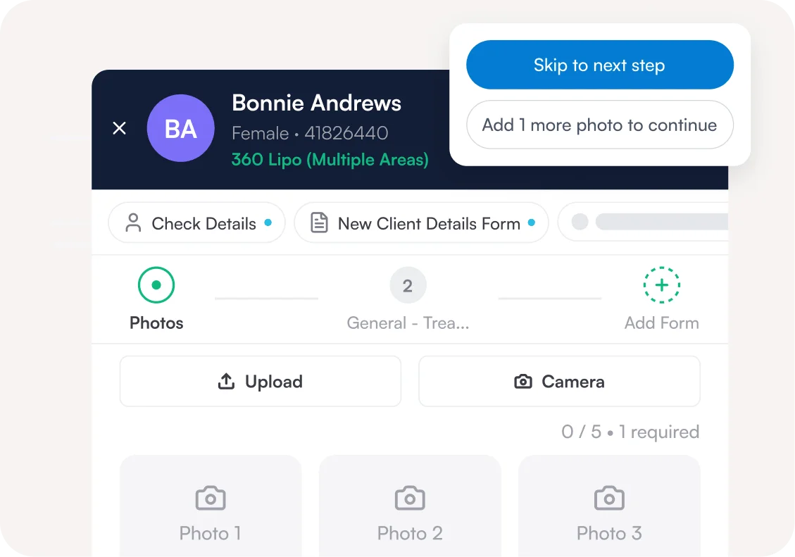 Photos step in the client journey asking for before photos alongside intake forms