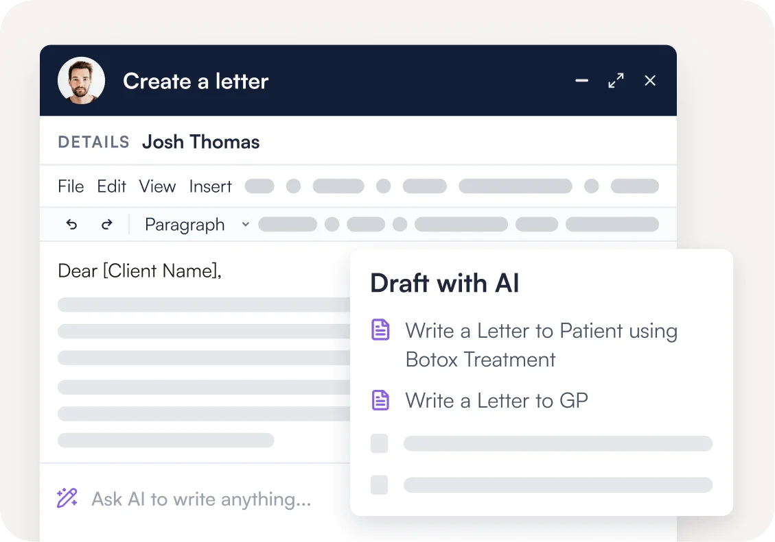 Create a letter window with the Draft with AI menu suggesting a letter to the patient or to their GP