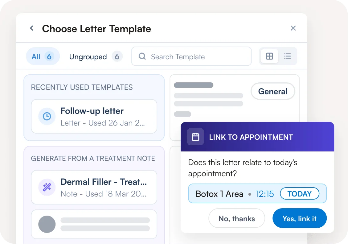 Choose Letter Template dialog with recently used templates, treatment-note drafts and a prompt to link the letter to today's appointment