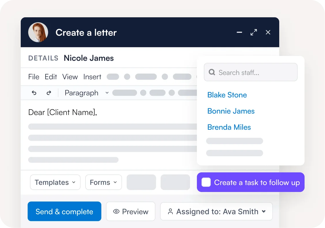 Letter ready to send with Send and complete, Preview, staff assignment and a Create a task to follow up option