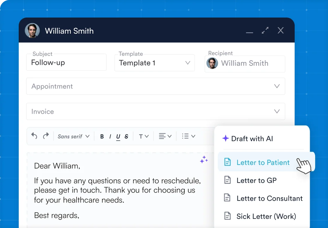 Letter editor on a patient record with the Draft with AI menu offering Letter to Patient, Letter to GP, Letter to Consultant and Sick Letter templates