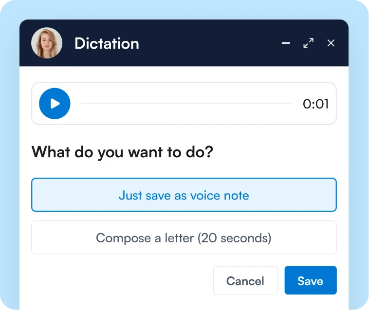 Dictation dialog asking whether to save the recording as a voice note or compose a letter