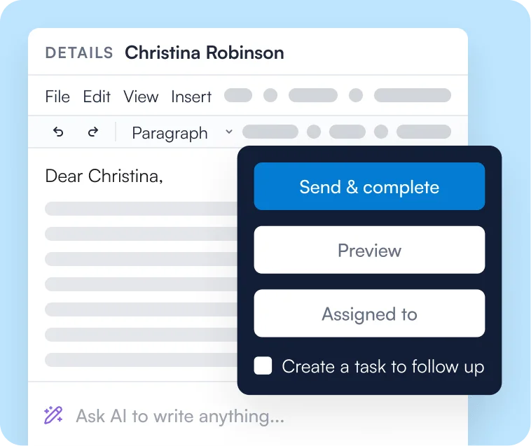 Letter in the editor with Send and complete, Preview and Assigned to actions