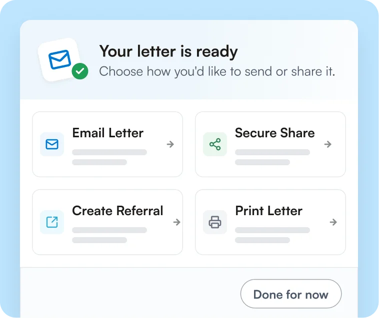 Your letter is ready dialog with Email Letter, Secure Share, Create Referral and Print Letter options