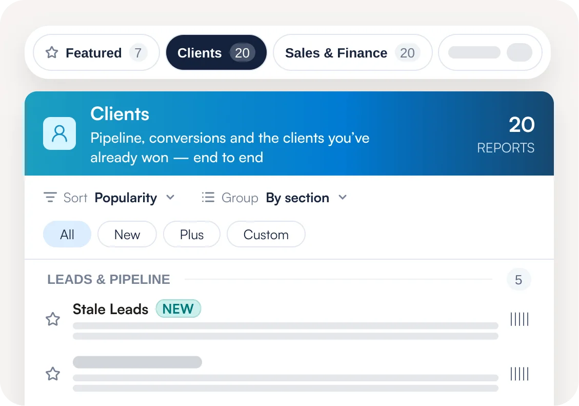 Clients report library with lead and pipeline reports grouped by section
