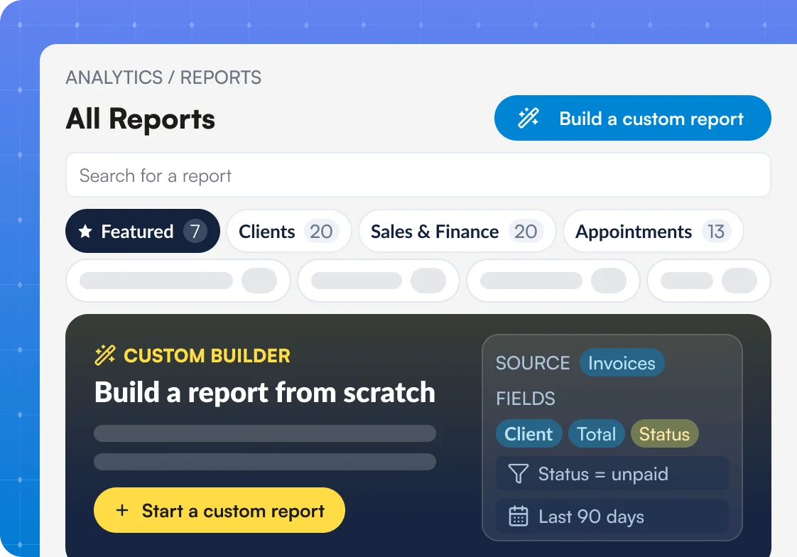 Pabau All Reports screen with report categories and the custom report builder