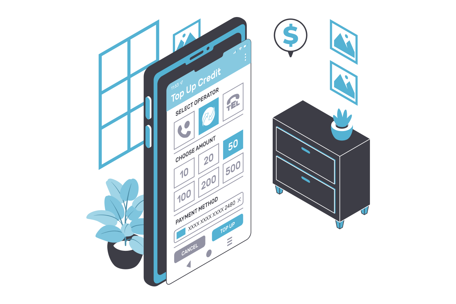Illustration of a card payment being topped up on a mobile phone screen