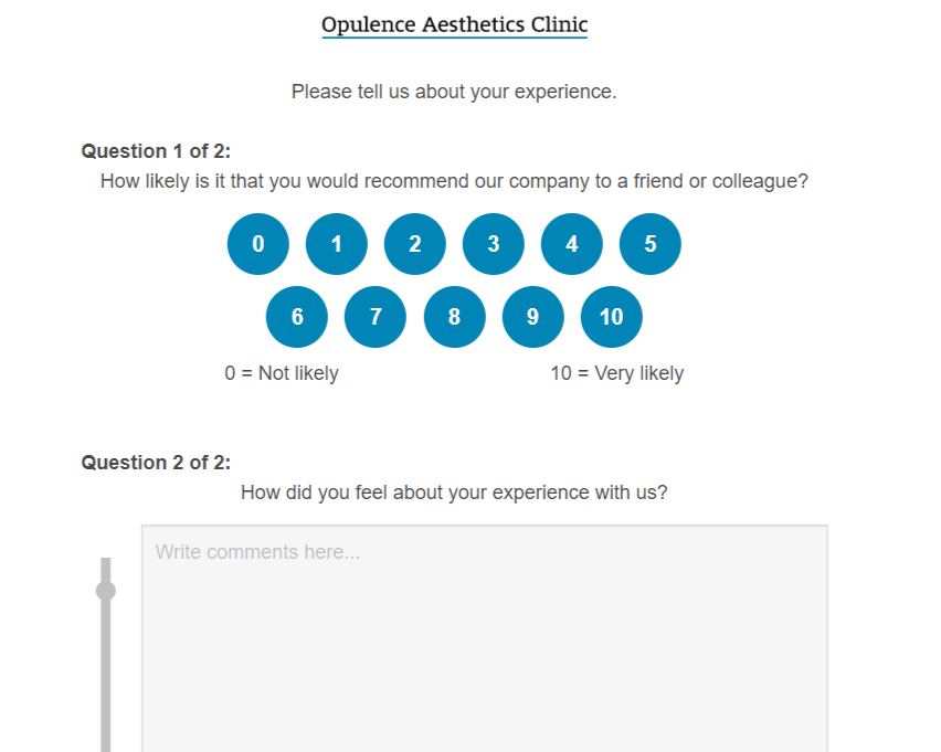 Opulence Aesthetics Clinic patient feedback landing page