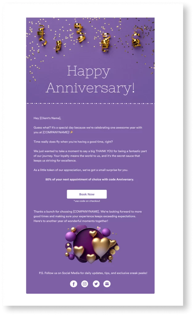 Pabau anniversary email marking one year since a patient's first visit to the practice
