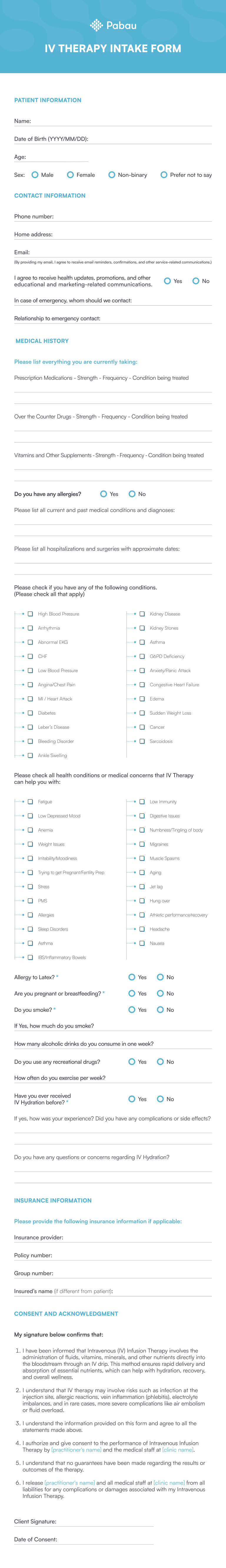 IV therapy intake form template