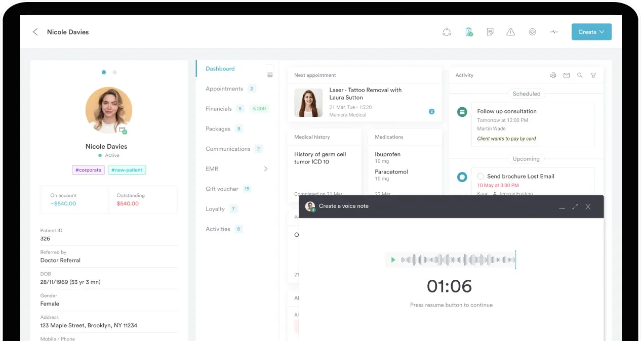 A patient record in Pabau showing clinical notes, medical history, and activity in one view