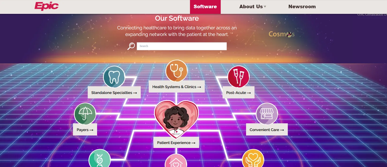 Epic software homepage showing links for health systems and clinics, standalone specialties, payers, post-acute care and patient experience