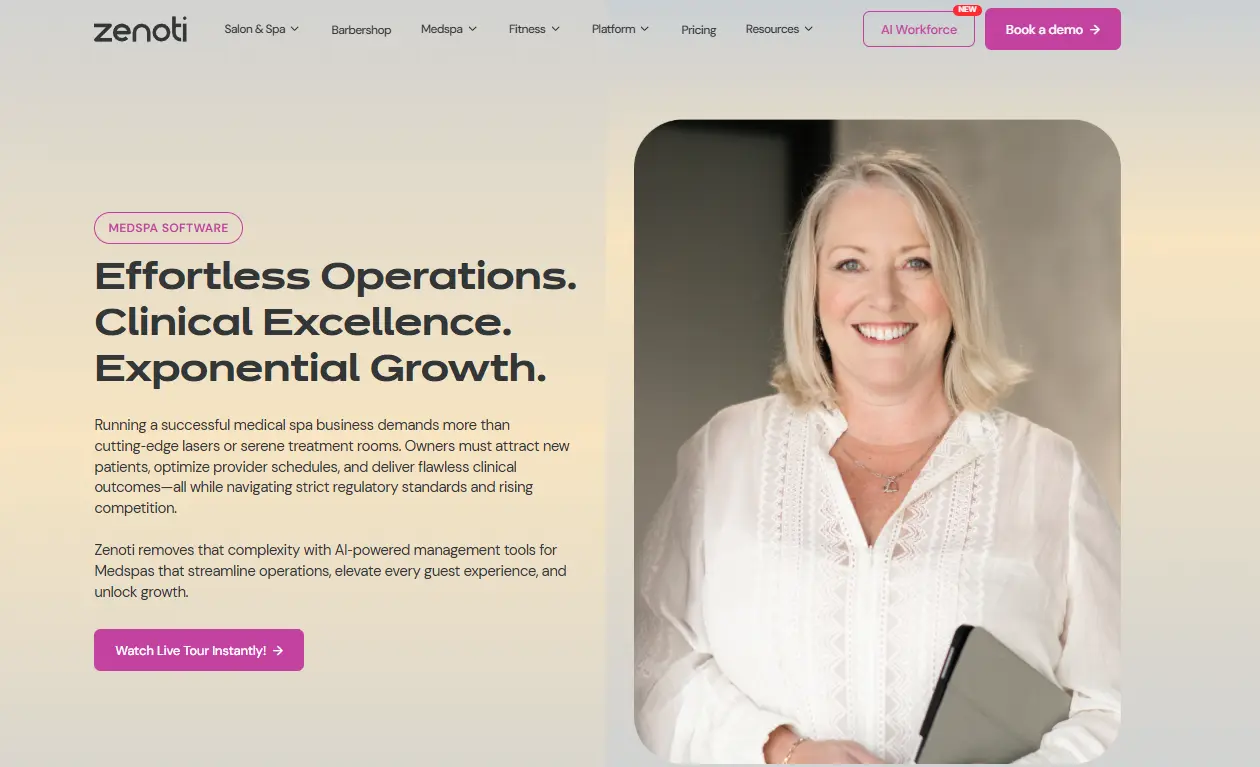 Zenoti medspa software homepage with a headline about operations, clinical excellence and growth