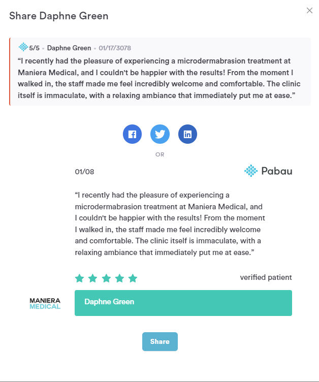 share positive reviews from Pabau to social media channels