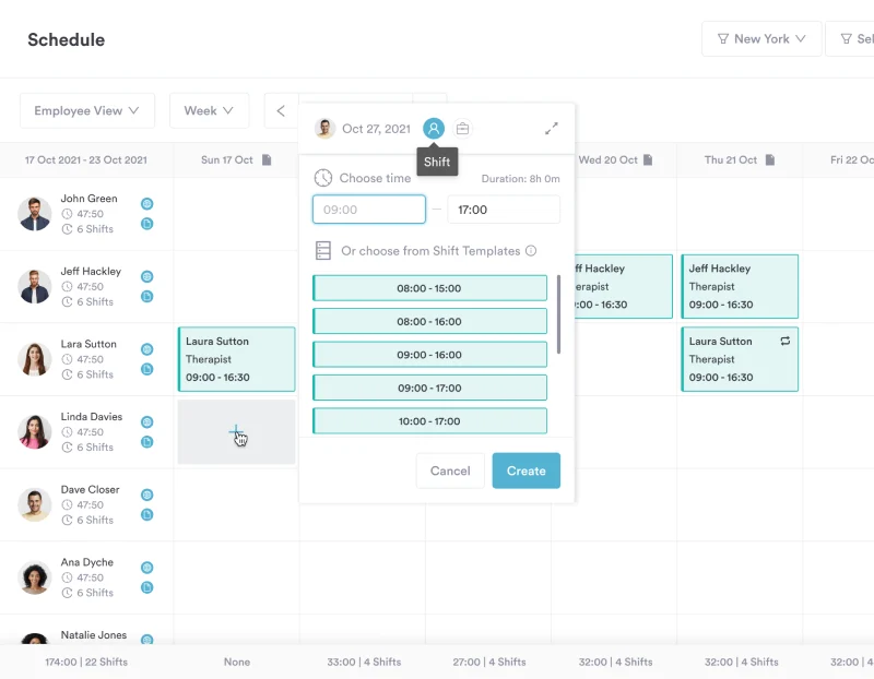 Pabau staff schedule showing a week of shifts by employee with shift templates open