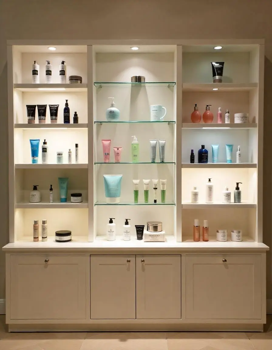 Retail display in a med spa with lit white shelving and skincare products arranged in small groups