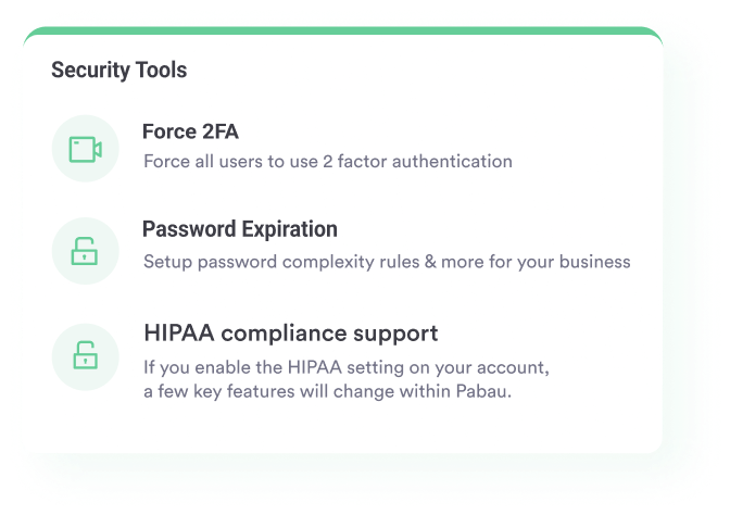 Pabau HIPAA compliance settings showing access controls and audit logging.