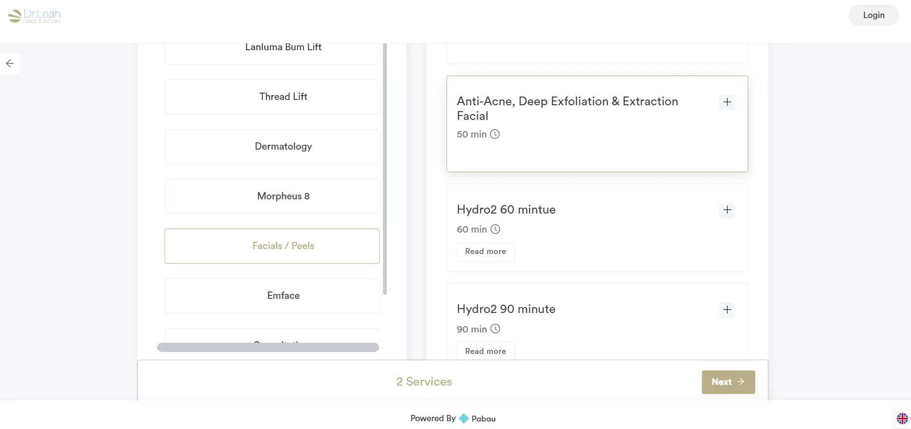 Med spa online booking page powered by Pabau showing treatment categories and prices
