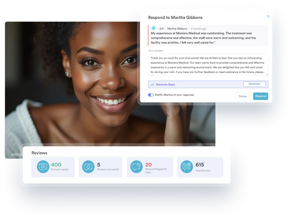Pabau reviews dashboard showing replied, unreplied, and flagged patient reviews