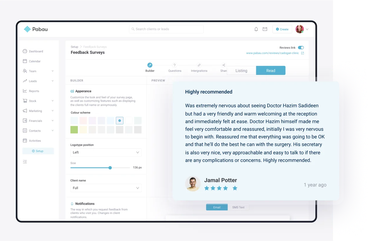 Pabau Feedback Surveys setup screen