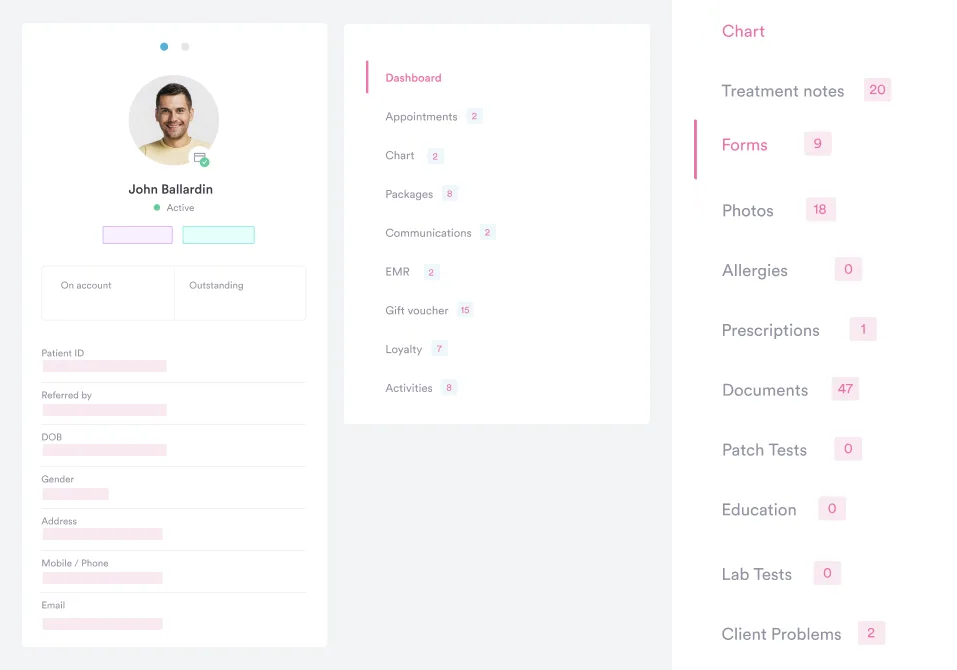 Pabau client record showing completed forms and treatment notes