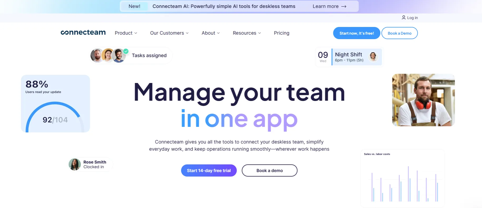 Connecteam homepage showing a team app with assigned tasks, a night shift and a clock-in widget
