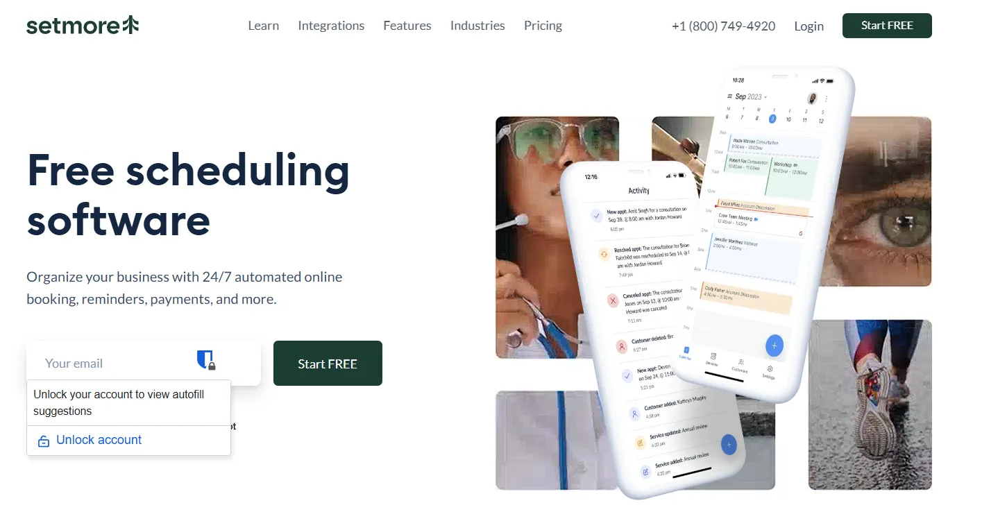 Setmore homepage advertising free scheduling software with a mobile booking app
