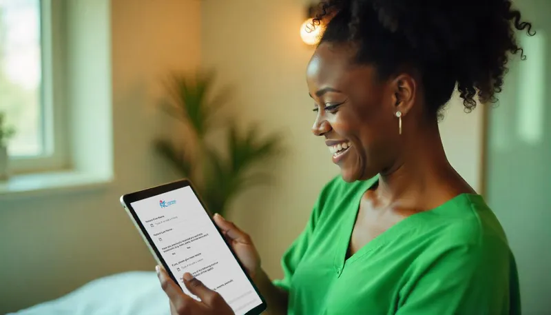 Patient smiling while filling in a Pabau digital intake form on a tablet