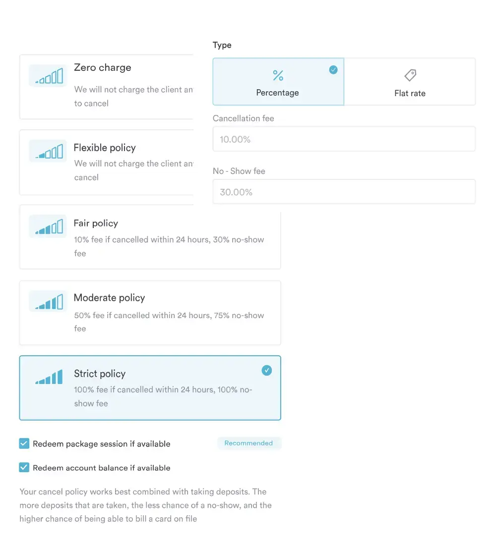 Pabau settings screen showing the different cancellation policy and deposit types
