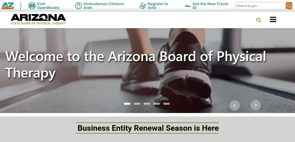 Screenshot of Arizona State Board of Physical Therapy website